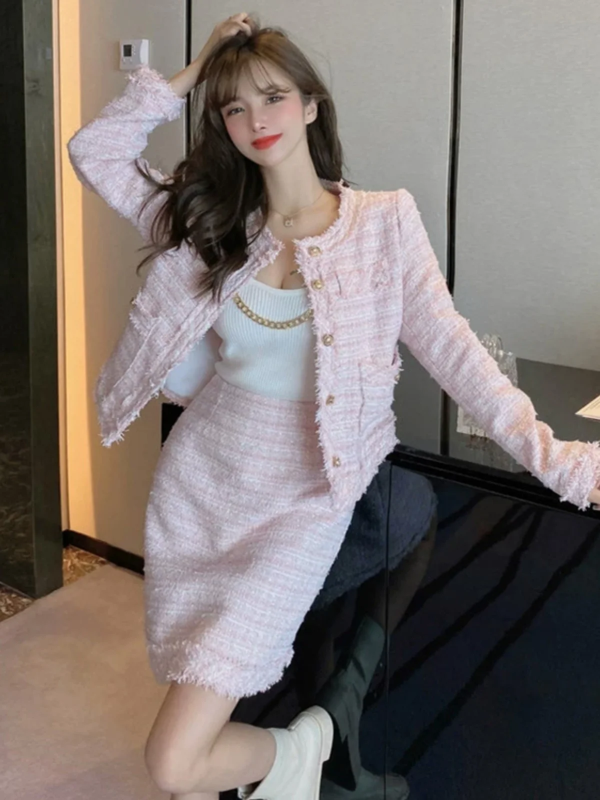 Internet-famous Girl Minimalist Button Furry Long Sleeve Coat + High-waisted A-line Skirt Set Women Female Office Lady Clothing