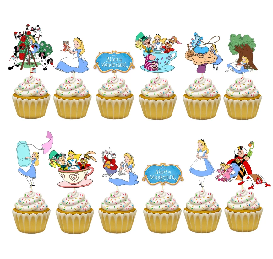 Alice In Wonderland Cupcake Topper Birthday Alice Theme Party Plate Cups banner tablecloth Cake Decoration Baby Shower Party