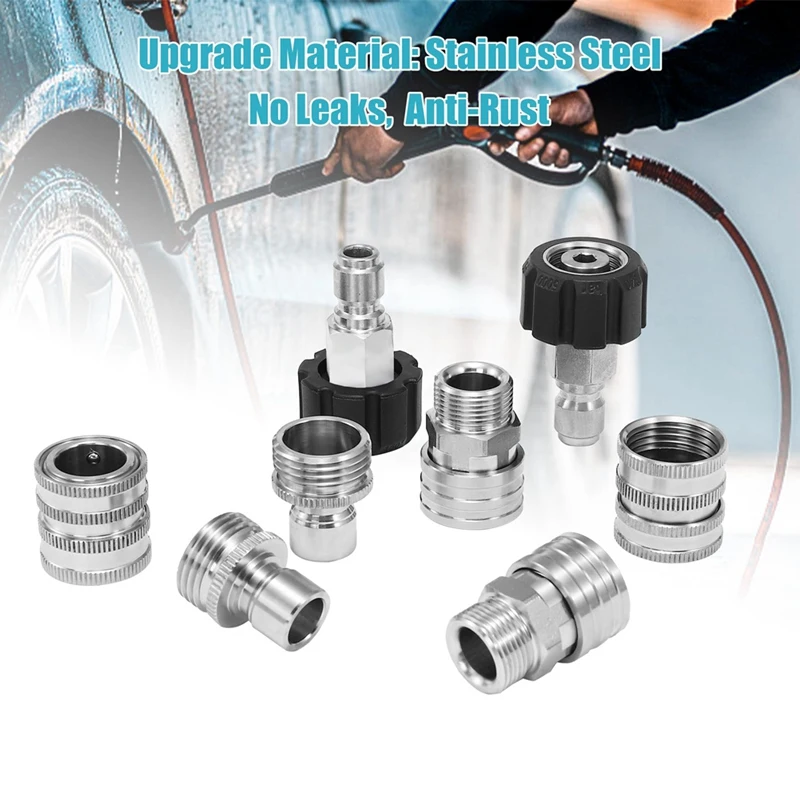 Juego de adaptadores de lavadora a presión, Kit de desconexión rápida de acero inoxidable, 9 piezas, M22 a 3/8 pulgadas