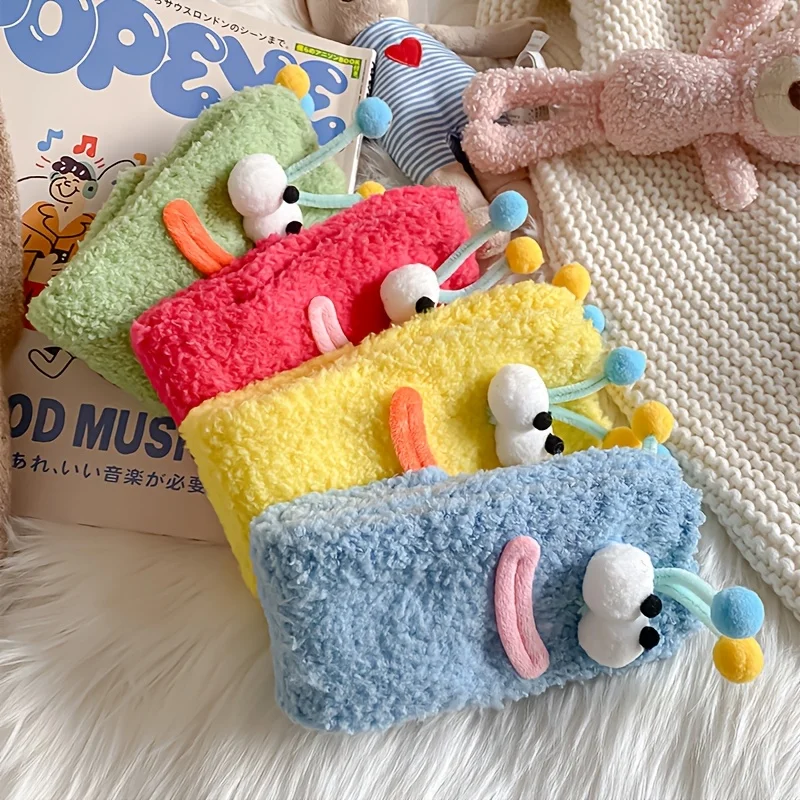 1 pair of women's autumn and winter thick plush socks with plush, fun and cute caterpillar, winter floor socks