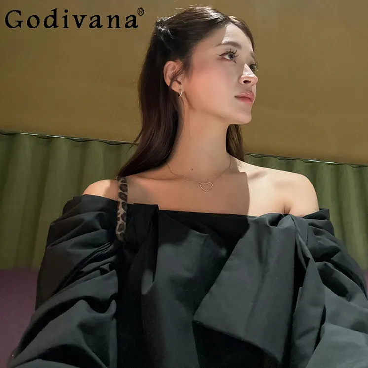 

Spring and Summer New Woman's Black Off-the-shoulder Shirt Japanese Fashion Sweet Big Bow Sweet Elegant Long-sleeved Blouses Top