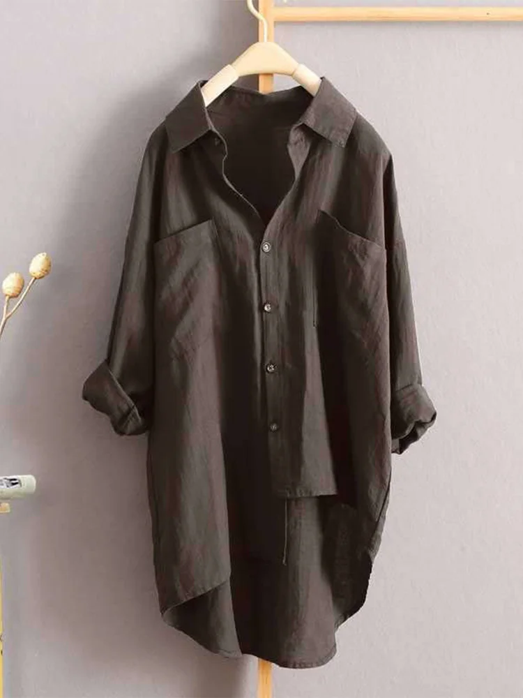 

Loose Fit Cotton Linen Long Sve irt Women's Mid-Length Casual irt Collar Button Detail Artistic Sle Commute Wind