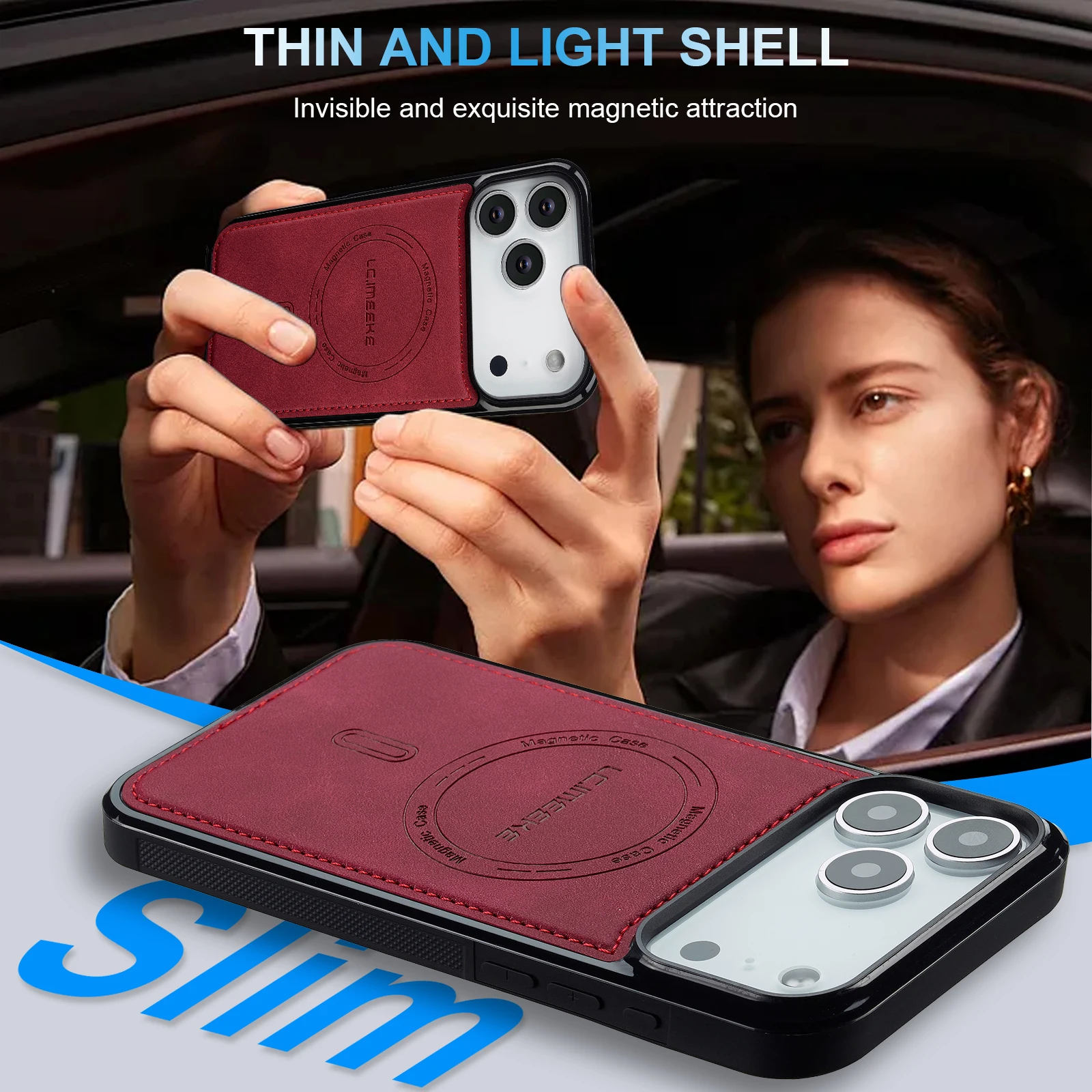 For iPhone 17 Pro Max 16E 16 Air 15 14 Leather Phone Case with Magnetic Attraction Feature Premium Protection - náhled 3