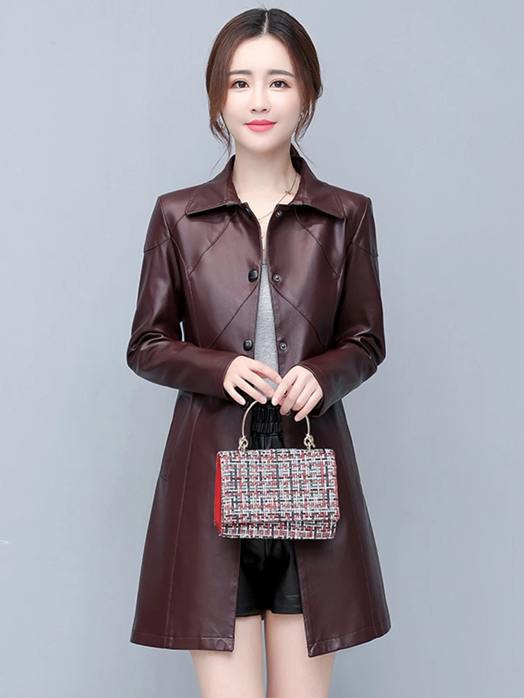 Manteau long en cuir d'agneau véritable pour femme, version coréenne, coupe ajustée, collection Printemps 2025, Haining Leather Outerwear