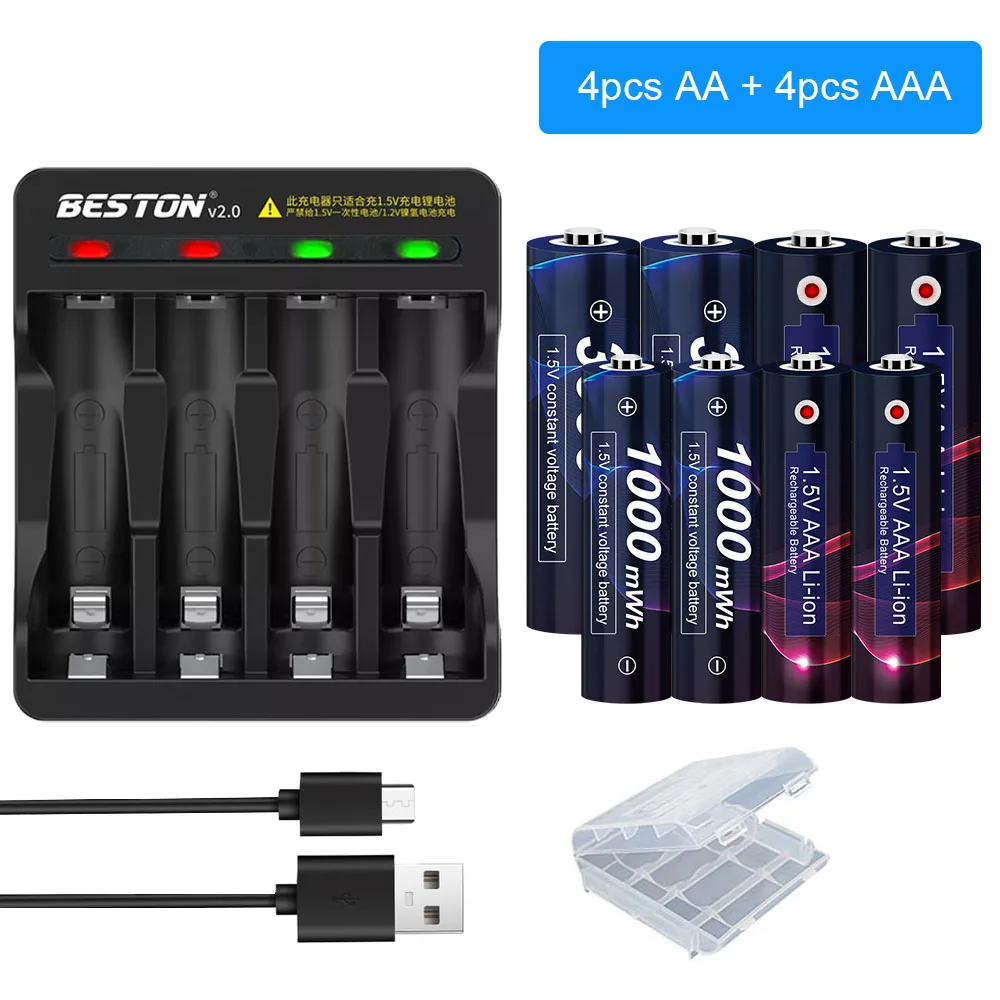 Batería recargable AA de 1,5 V + batería recargable AAA de 1,5 V + cargador inteligente para batería recargable AA AAA de iones de litio de 1,5 v
