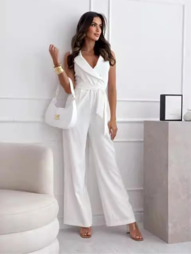 2024 Spring Summer Women\'s Clothing New Fashionable High Waist Commuter Waist Strap Sexy Sleeveless Loose Jumpsuit Pants