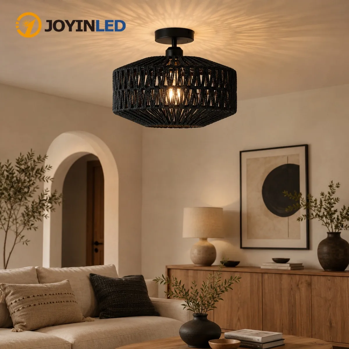 JOYINLED 30CM Rattan-Deckenleuchte, Boho-Deckenlampe aus geflochtenem Papierseil mit E27-Fassung, handgefertigter Deckenleuchter aus natürlichem Weidenholz für Schlafzimmer, Küche, Eingangsbereich,
