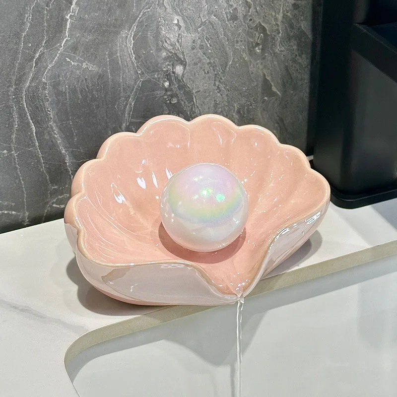 

Shell Shaped Ceramic Soap Dish - No Drilling Required Drain Rack, Pearl Glaze Bathroom Countertop/Sink Decoration - Jewelry Tray