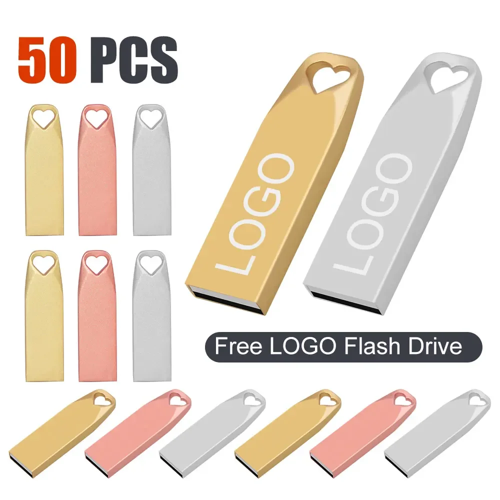 Unidad Flash USB de 50 piezas, memoria de 64GB, 8GB, 4GB, regalo de boda, disco U, logotipo gratis, 2,0