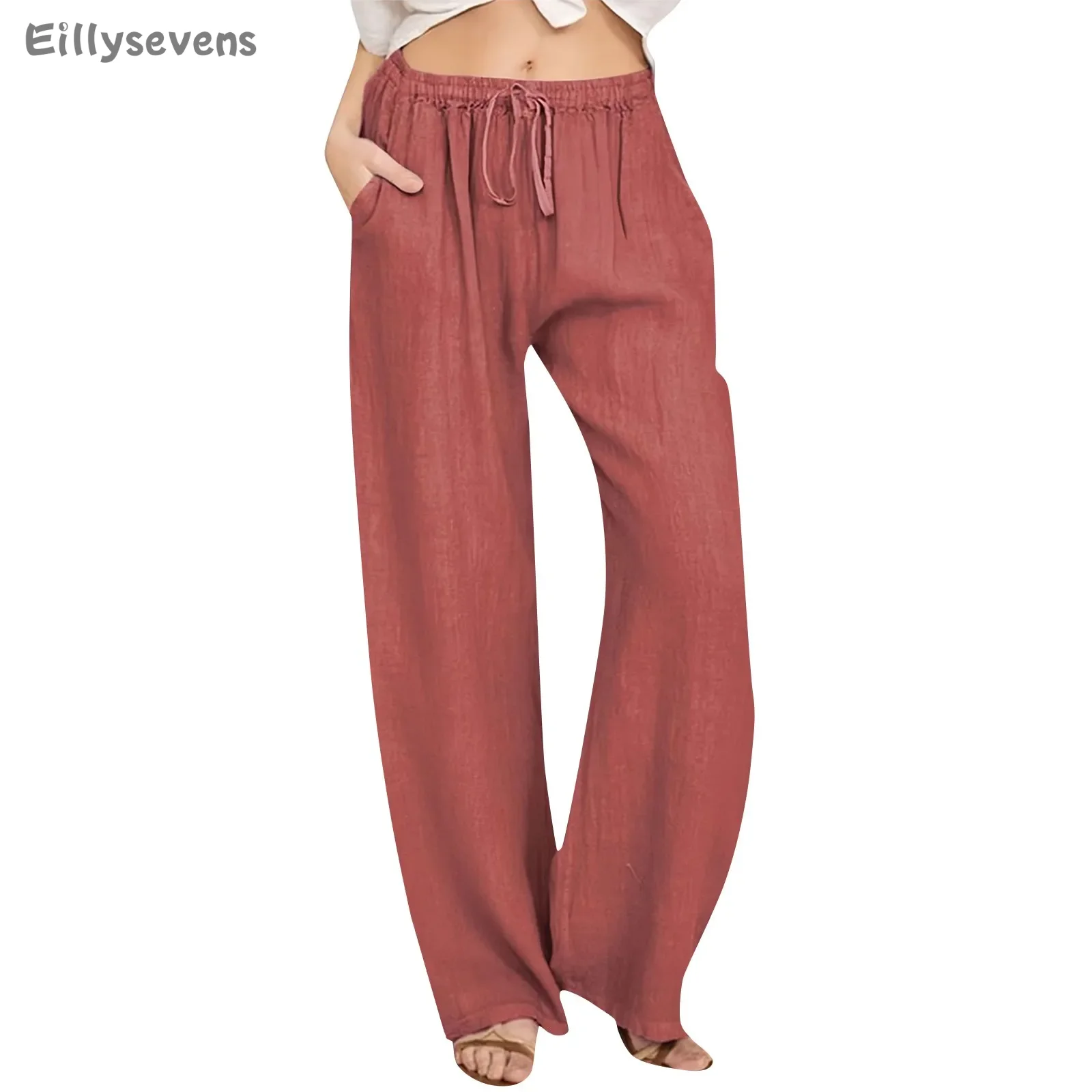 

Women's Cotton Linen Pants Summer Wide Leg pants Casual Loose Drawstring High Waist Trousers With Pockets vetements femme