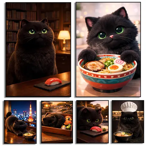 Bilashmart Black Cat Japanese Food Art Poster Cute Kitten Prints Canvas Painting Black Cat Wall Art Pictures Home Room Animals Decoration