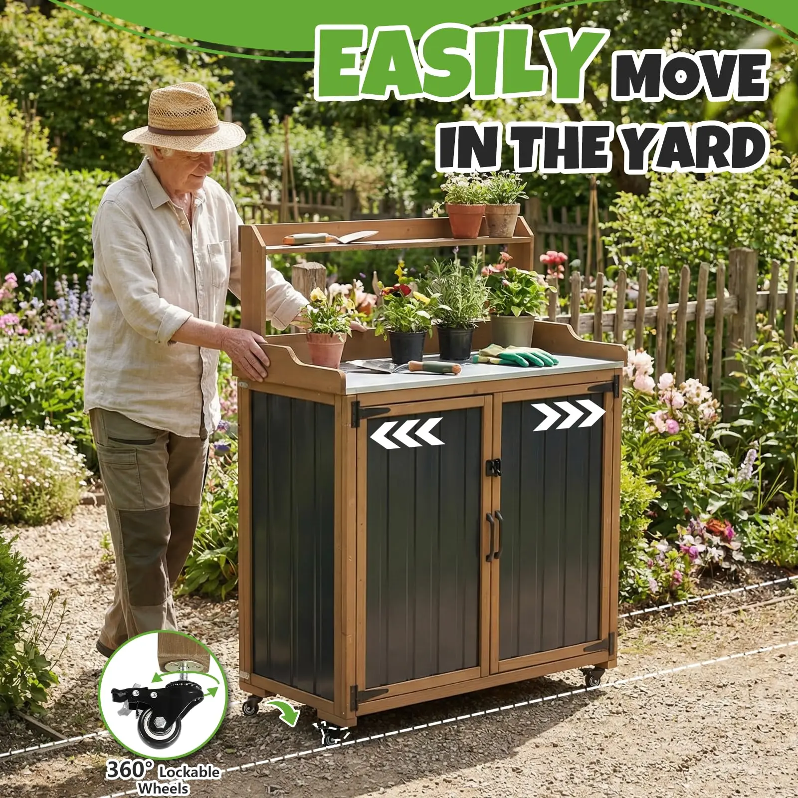 Mobile Garden Potting Bench with Storage Cabinet, Lockable Wheels & Adjustable Shelf, Waterproof Top Outdoor