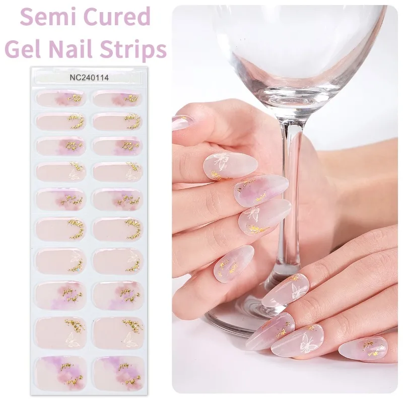 Pegatinas UV de Gel para uñas francesas, líneas doradas y mariposas, tiras de Gel semicuradas para uñas, pegatinas adhesivas para uñas, deslizadores de manicura