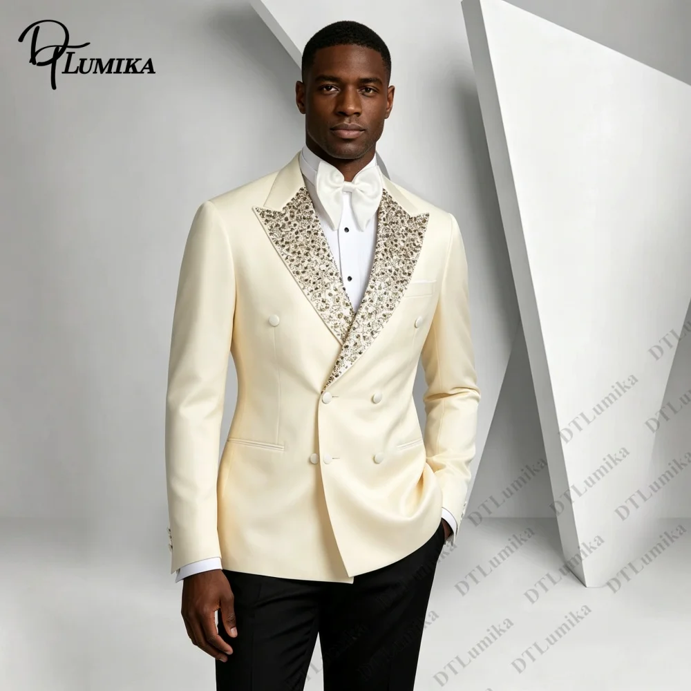 Tailored Cream Beaded Lapel Men 2 Piece Suit Double Breasted Blazer Trousers Mens Groom Wedding Prom Tailored Evening Outfit