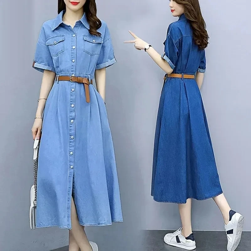 Vintage Denim Shirt Dress Female 2024 Summer New Korean Fashion Slim Short Sleeve A-line Dress With Belt Casual Women's Clothing