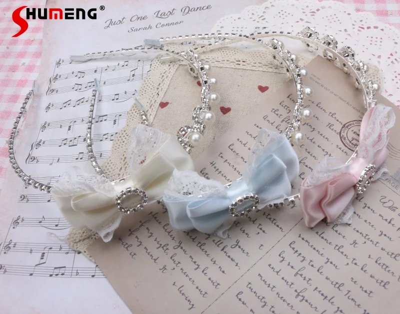 Sweet Cute Girl Bow Pearl Headband Handmade Japaense Style Kawaii Mine Lace Heart Shape Rhinestone Hair Accessories for Women