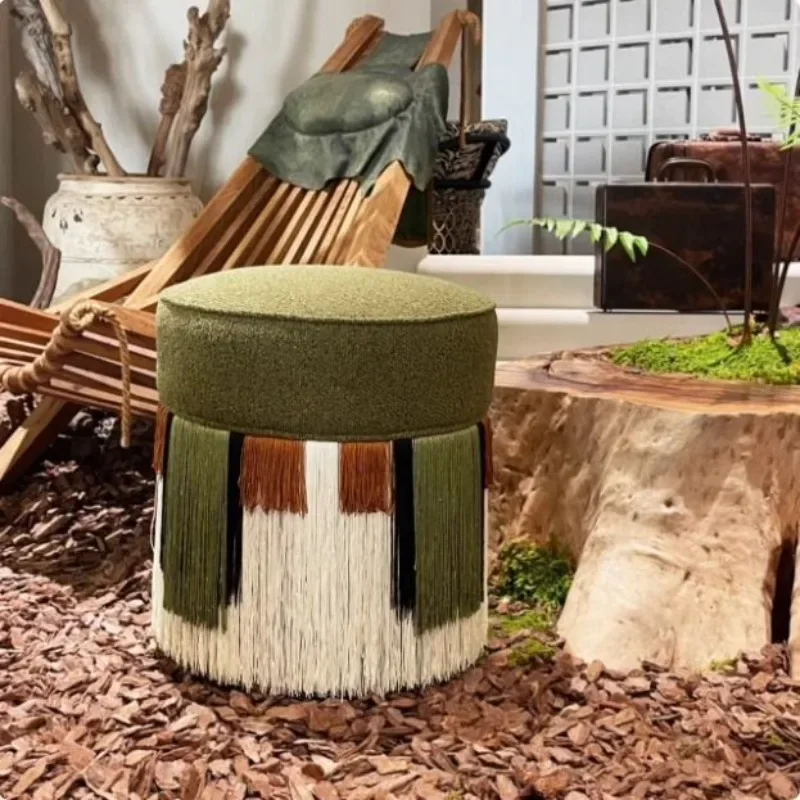 Bohemian style colored fringed round stool, phimosis, decorative footstool, sofa side dresser stool