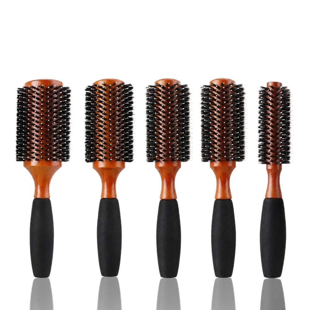 High Quality Wooden Handle Boar Bristle Brush Anti Slip Grip 5 Sizes Round Hair Brush Curling Design Hair Comb Salon Use