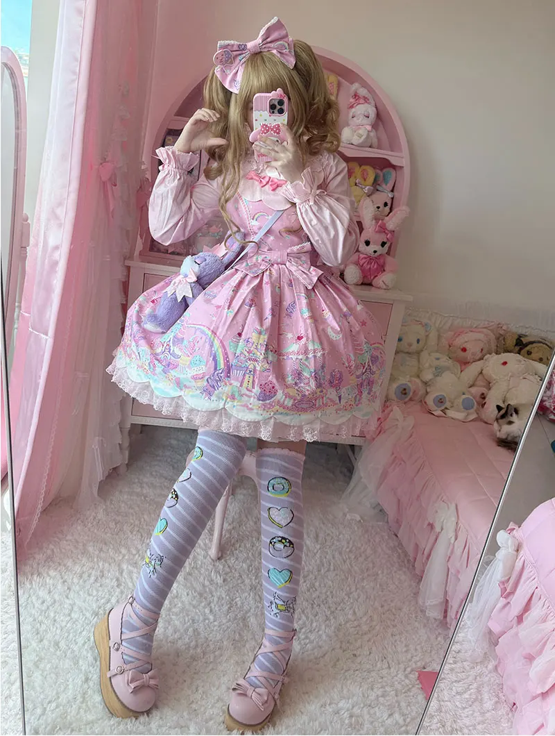 Original Dream Donut Sweet Cute Over-the-Knee Socks Lolita Bu Sweet Side Wearing Cotton Socks Cartoon Printed Sockings Women