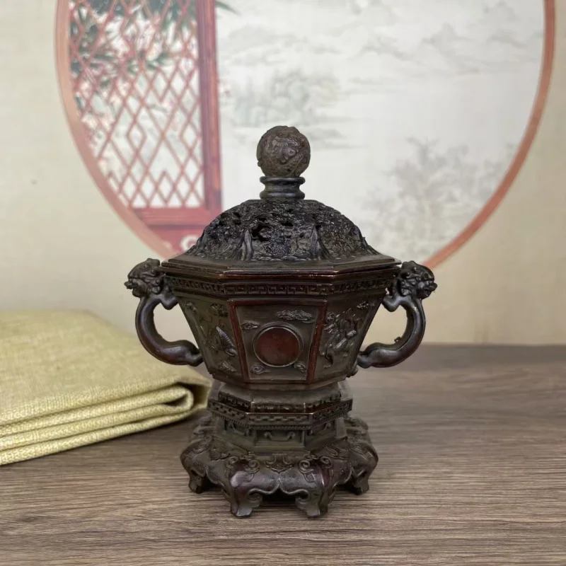 

Copper-plated antique-style double-eared lion quadruped mythical beast ornament, hollow incense burner, home deco