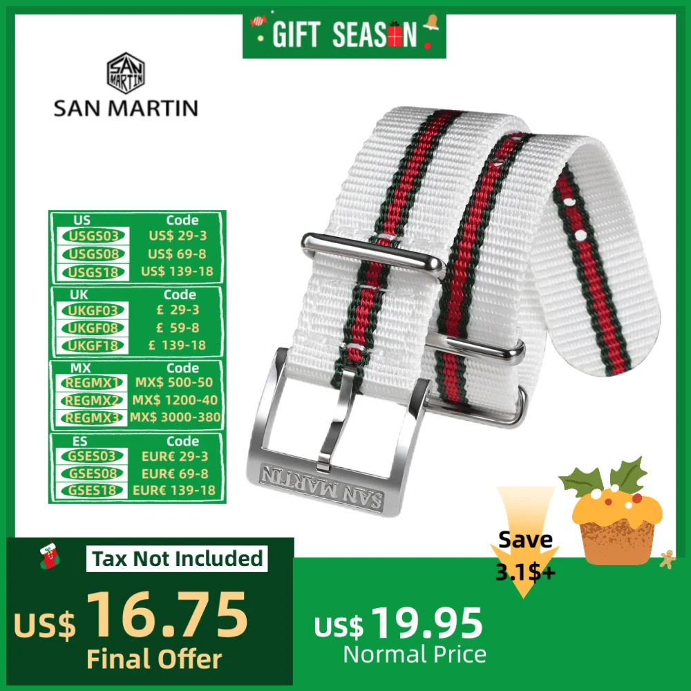 San Martin 20mm Rugged Woven Fabric Watchband Nylon Military Style Wrist Watch Strap Classic Vintage Stripes Steel Buckle BD0015