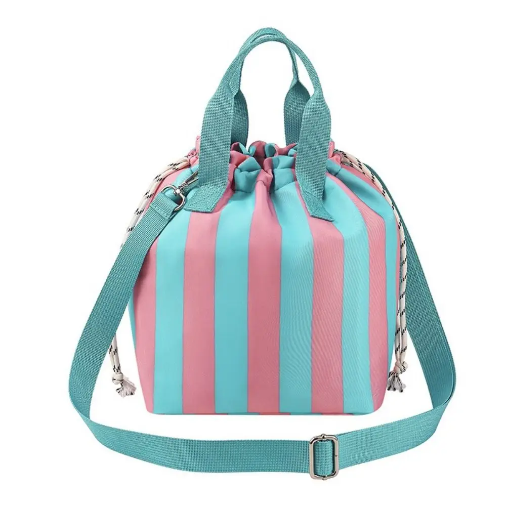 Color Block Drawstring Lunch Box Bag Striped Aluminum Foil Liner Insulated Lunch Bag Waterproof