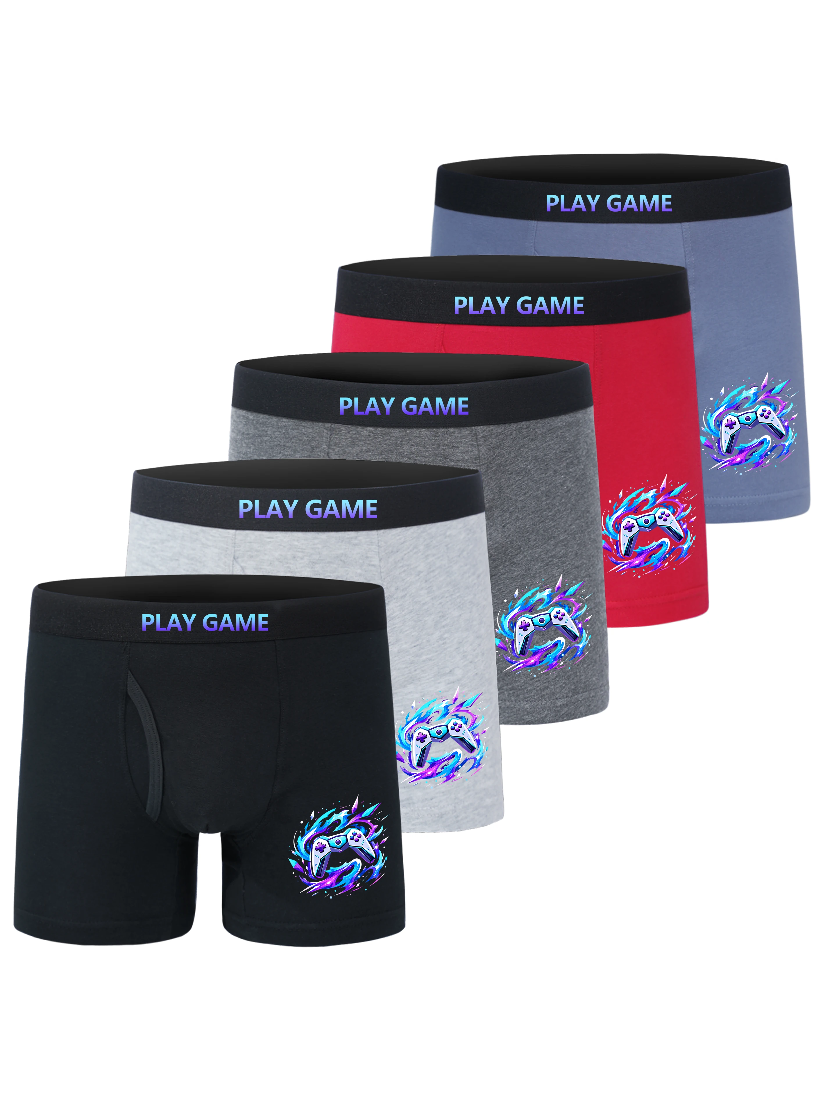 5 Pack 95% Cotton 5% Elastane Boys Open Fly Boxer Briefs Play Game Controller Blue Purple Print Kids Soft Underwear For Boys