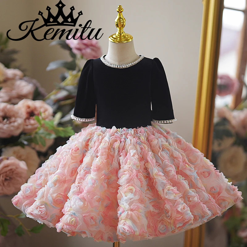 Vestido de cumpleaños para niña, vestido de flores de encaje rosa, vestido de fiesta de boda, vestidos de baile de princesa para niña de Navidad