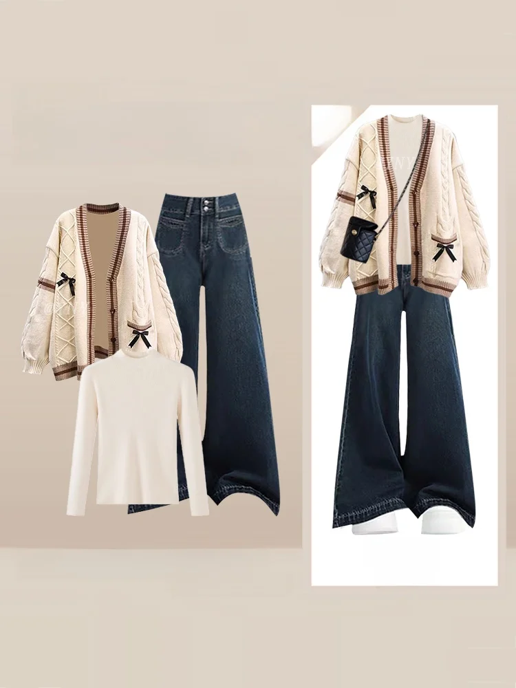 

Корейский Sle, осенне-зимний утягивающий вязаный открытый кардиган с узлом, цветная основа, женский модный джинсовый комплект