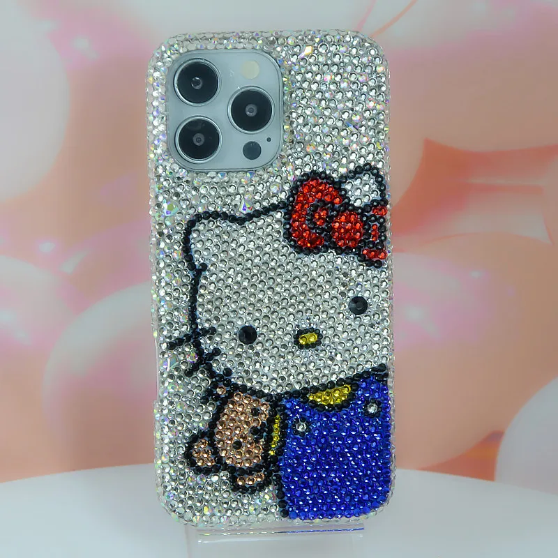 

Kawaii Iphone Phone Case Sanrio Hello Kitty for Iphone17 16 15Pro Max Rhinestones Anime Anti-Fall Protect Upscale Girls Gift