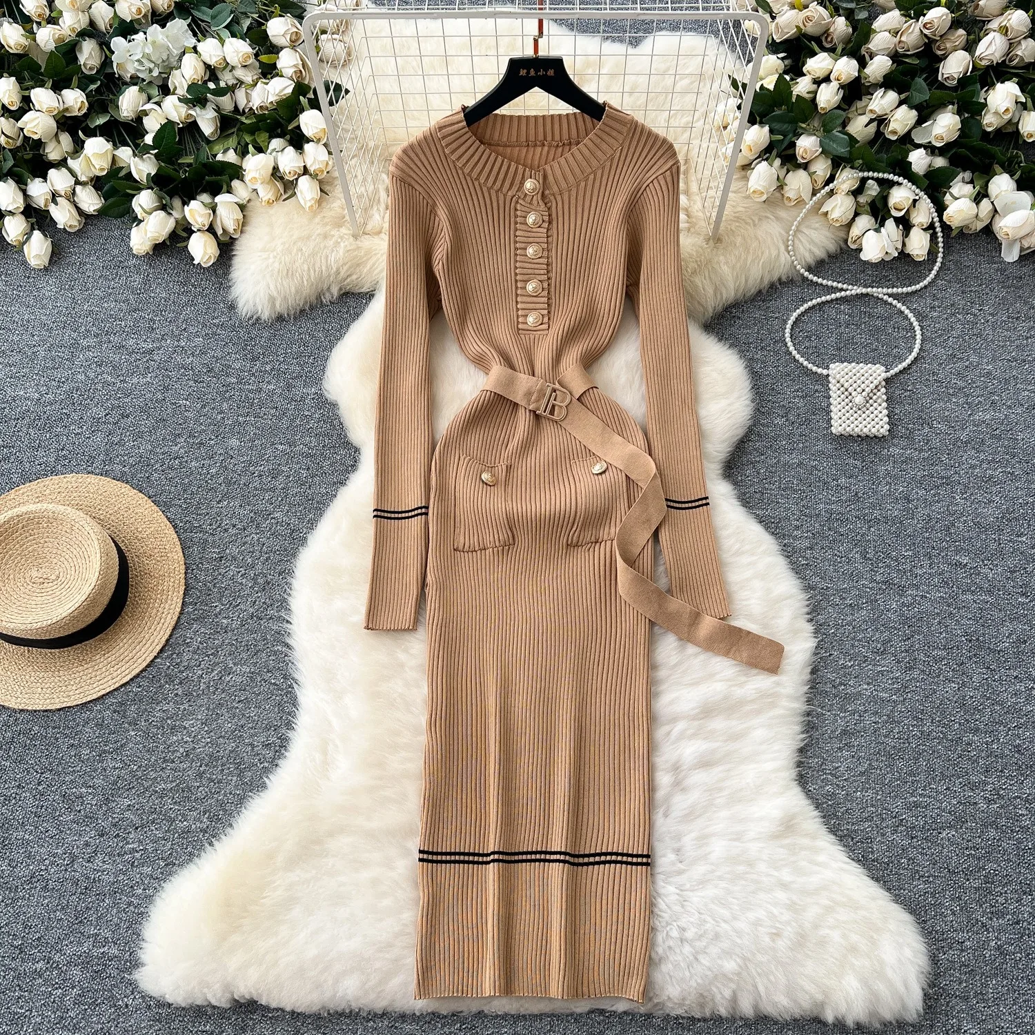 Yuoomuoo vestido feminino 2025 outono inverno elegante o-pescoço botões de malha vestido longo senhora do escritório preto bodycon vestido de festa