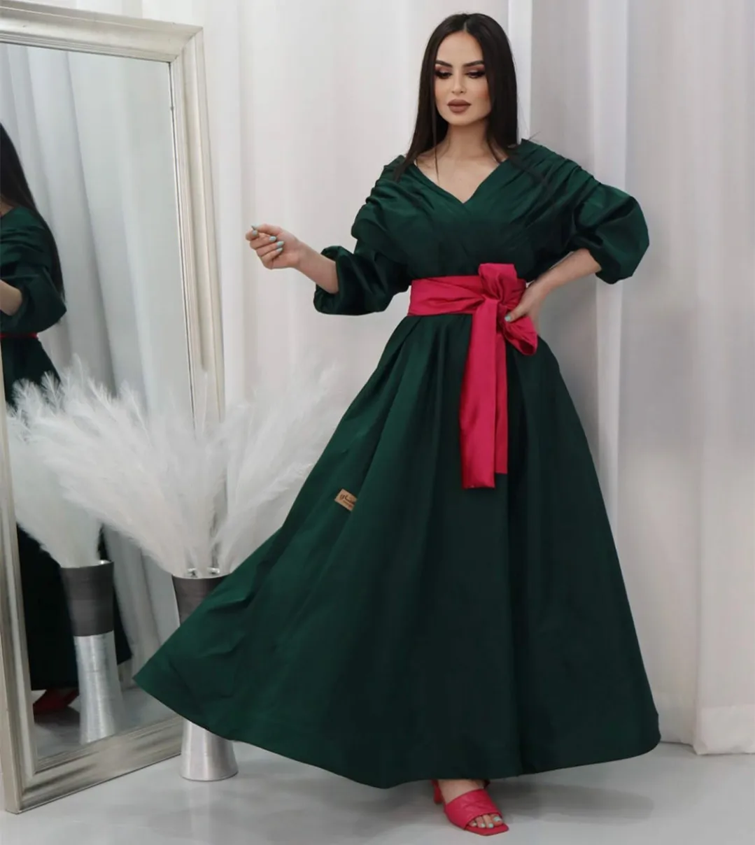 Abiti da sera verdi con scollo a v lungo in taffetà muslimah a-line abito da ballo alla caviglia Robe de soirée per le donne