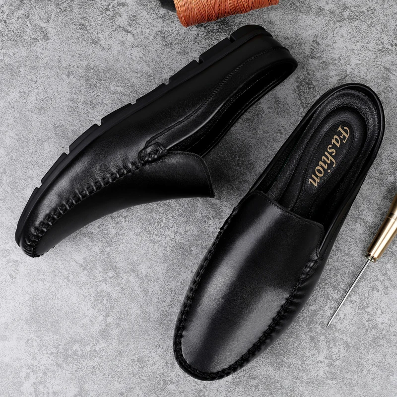 Black Half Shoes For Men Genuine Leather Mens Shoes Casual Luxury Shoes Men Fashion Zapatos Charol Hombre Erkek Deri Ayakkabi