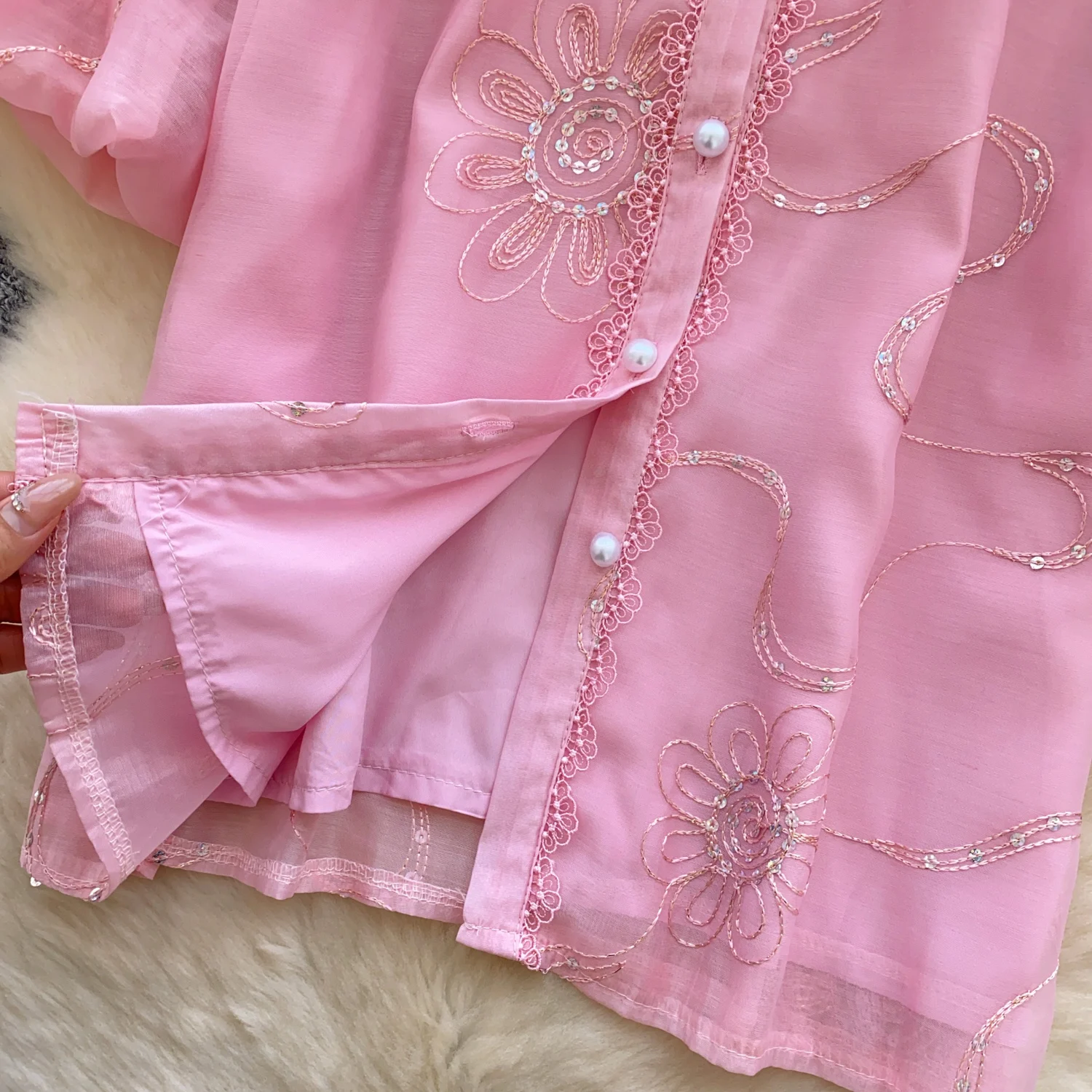 Camicetta vintage elegante con maniche a lanterna e paillettes con strass Camicia con scollo a polo alla moda Casual Chic Top Fairy Summer Women