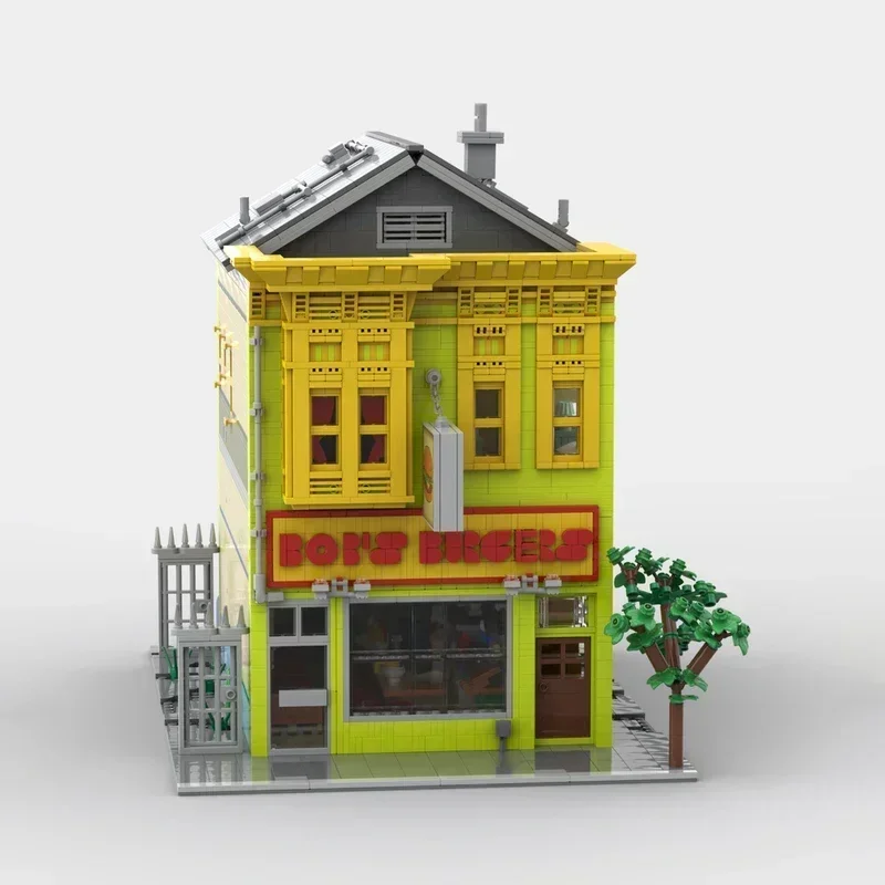 Street View Model MOC Building Bricks Street Side Hamburger Shop Modular Technology Gifts Holiday Assemble Children Toys Suit