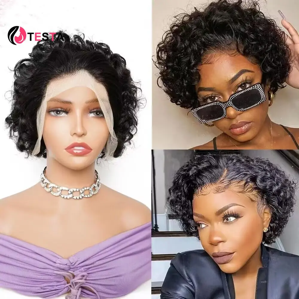 

13x4 Deep Curly Pixie Cut Short Wig Human Hair Transparent Lace Frontal Wig 6 inch Indian Virgin Hair Wig Pre-Plucked Hairline