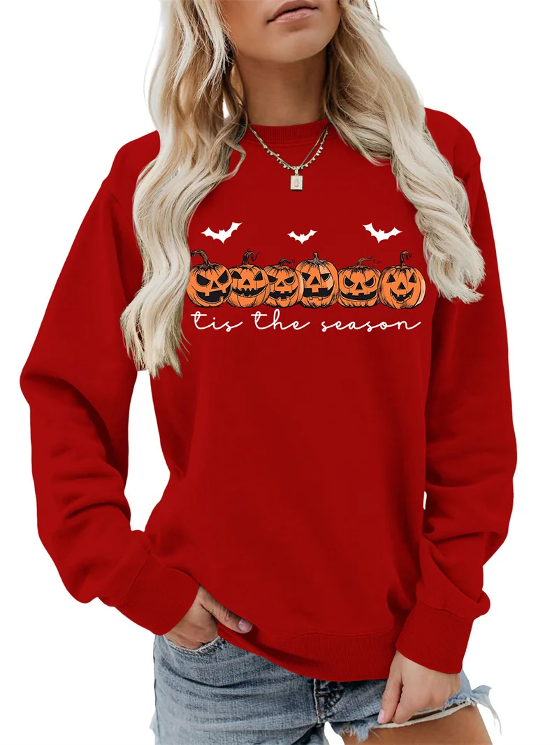 Fashion new cotton women's tis the seas on pumpkin Halloween pattern alphabet print vintage round neck long sleeve hoodie