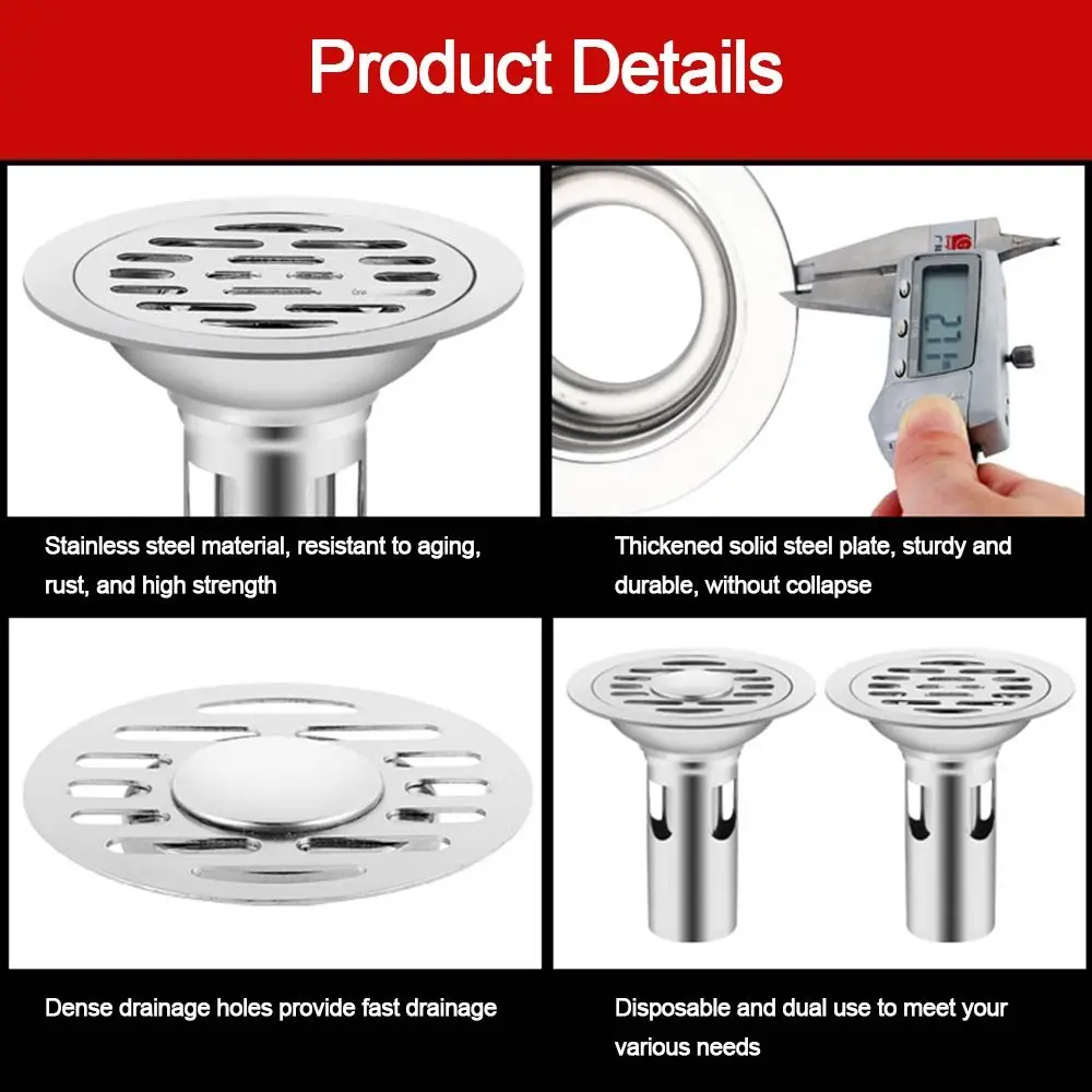 With Grid Grate Cover Shower Floor Drain Stainless Steel Backflow Preventer Sink Strainer Anti-odor Dectable Drain Filter