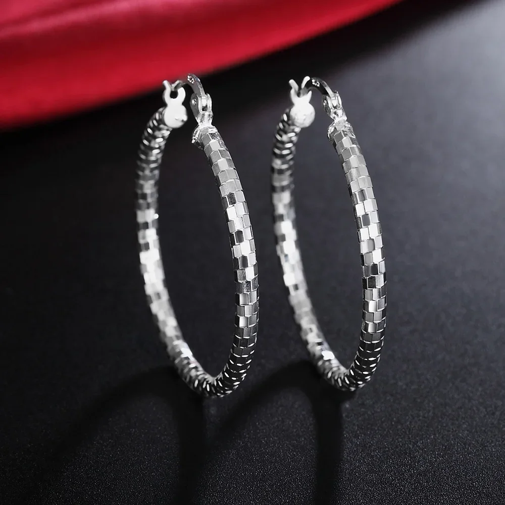 925 Sterling Silver Classic Lattice Pattern 4CM Big Circle Hoop Earrings For Women High Quality Fashion Jewelry Wedding Gifts