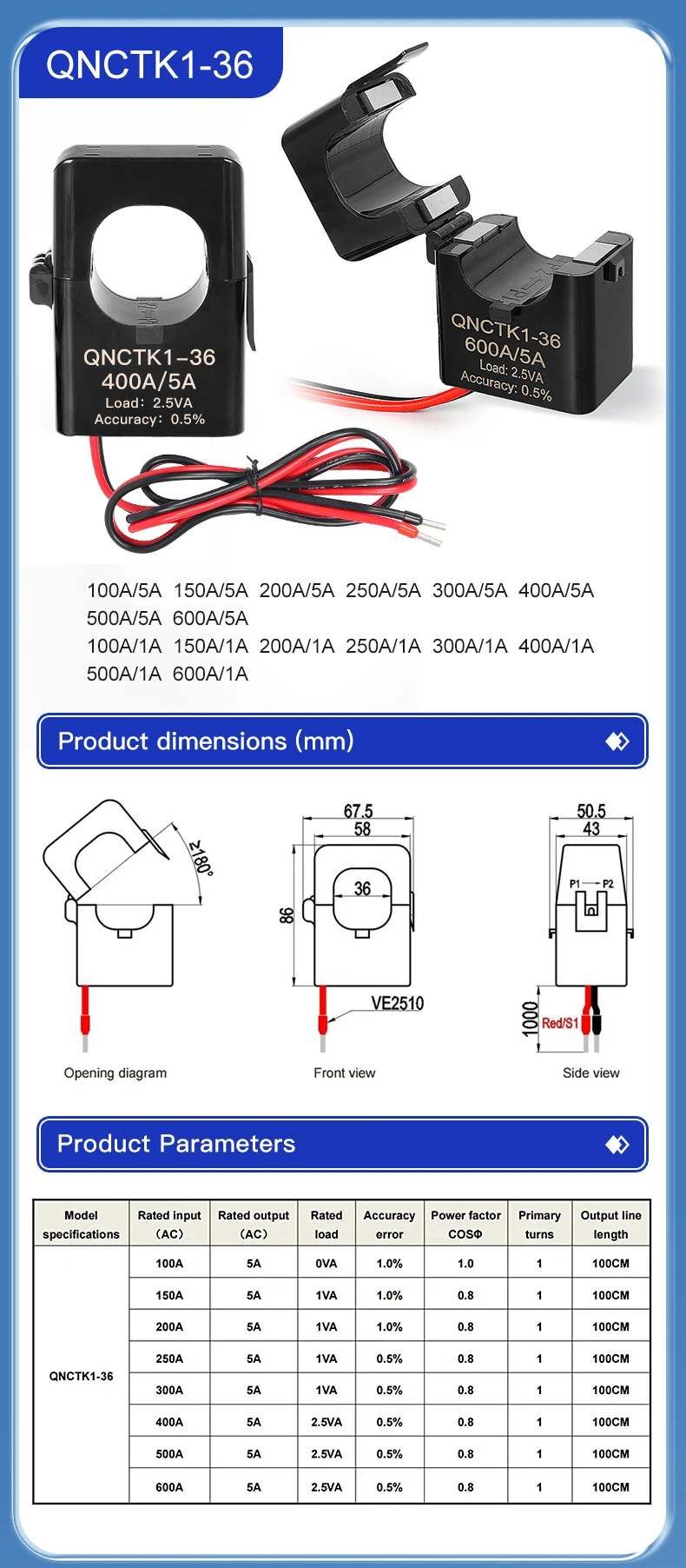 QNCTK1-24 Split-Core-Stromwandler 100 5 150 200 300 400 5A 500 600 AC CT Klemm-Stromwandler Offener Typ QNCTK1-36 – Detail 2