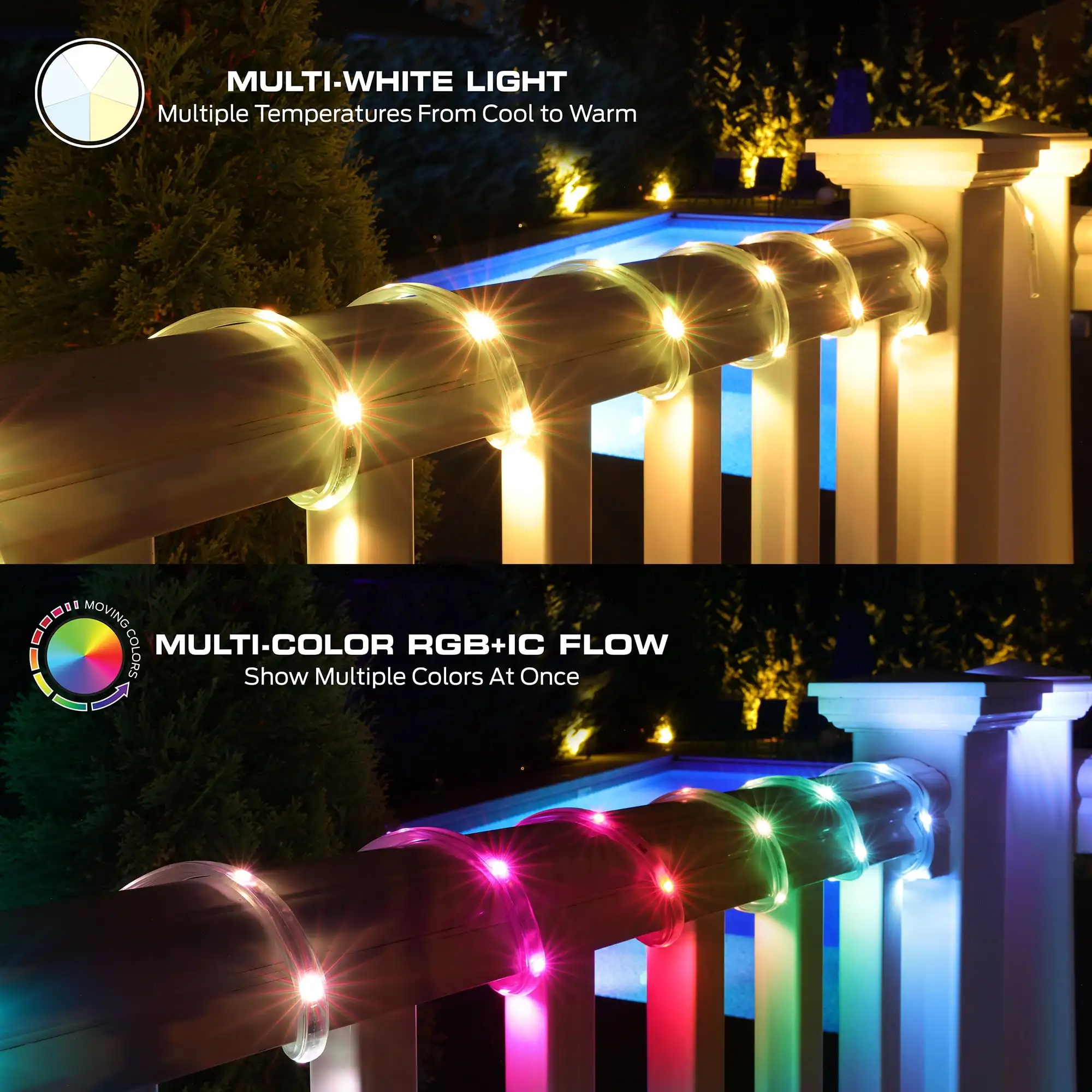 Bande lumineuse LED extérieure intelligente 50 pieds, 540 LED multicolores, résistante aux intempéries, commande vocale et par application, détection du son,