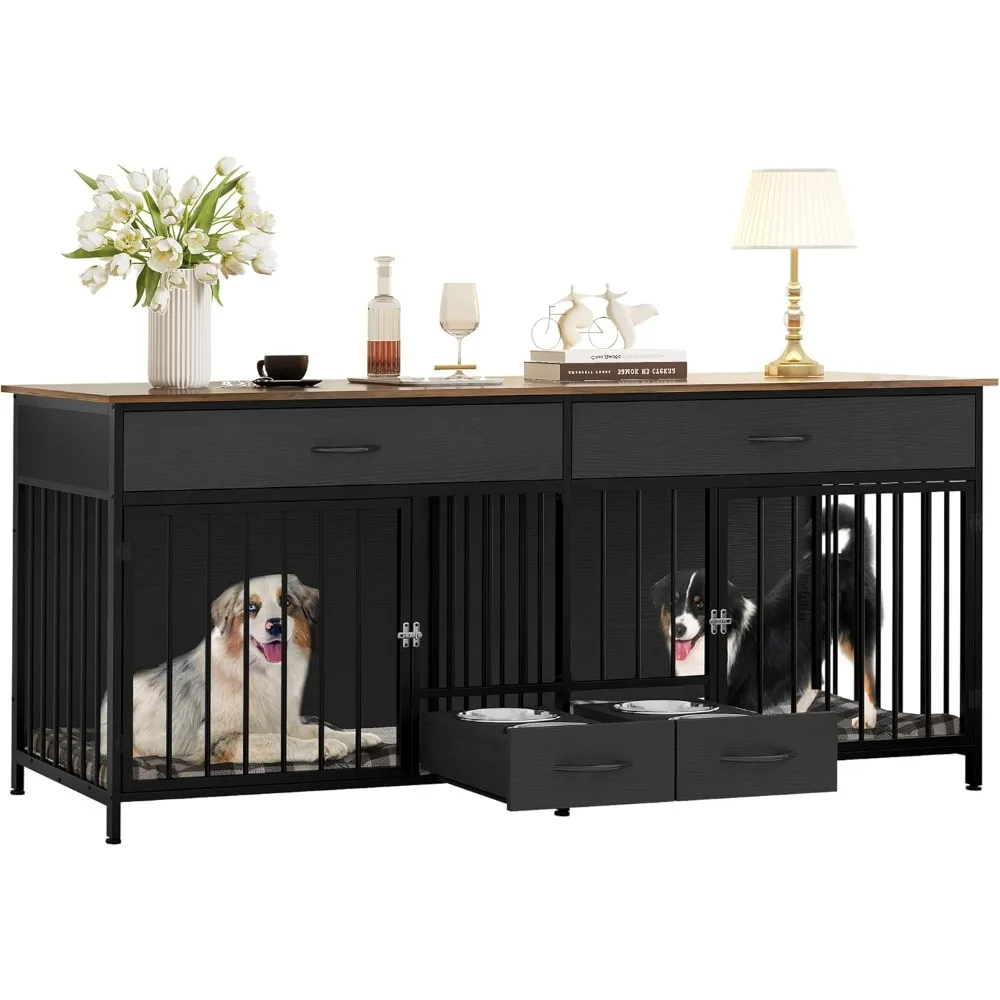 Double Crate TV Stand with Dog Feeder, 74.8