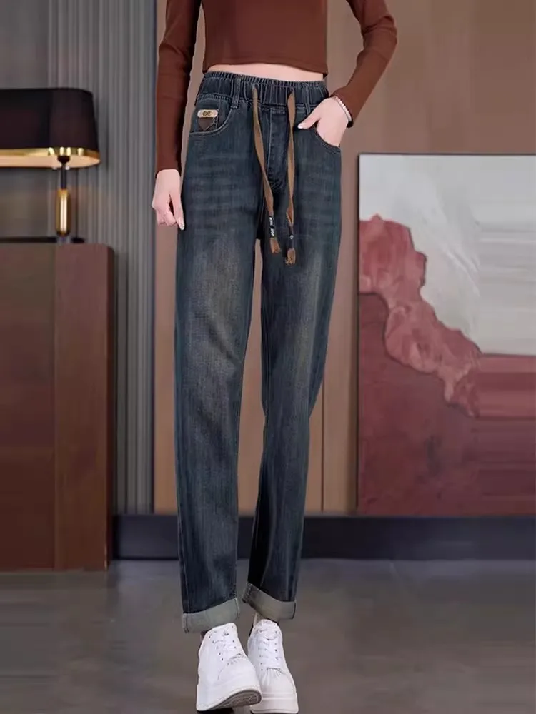 

Джинсы женские с высокой талией на резинке, весна-осень, новые, стройнящие, прямые, длиной 7/8, модель «капустные штаны»