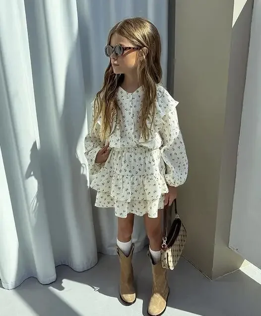 2024 Russian Girls Autumn Floral Lace Shirt Cake Skirt Children Two-piece Set Fashion Casual Slim Suits Vacation