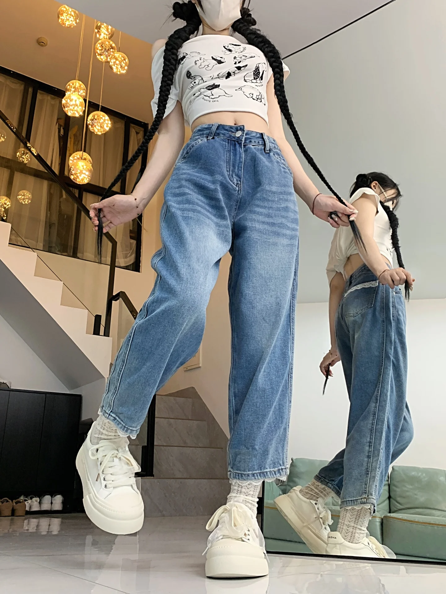 Plus Size Jeans met hoge taille en rechte pijpen Dames Kantdetail Losvallende casual denimbroek Herfstkleding voor dames in grote maten