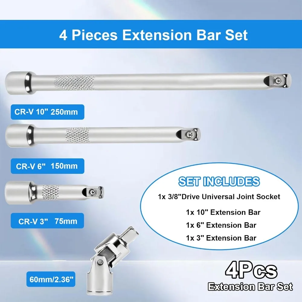 3/8" Drive Extension Bar Set - 4-Piece with 3", 6", 10" Bars & Universal Joint view 2