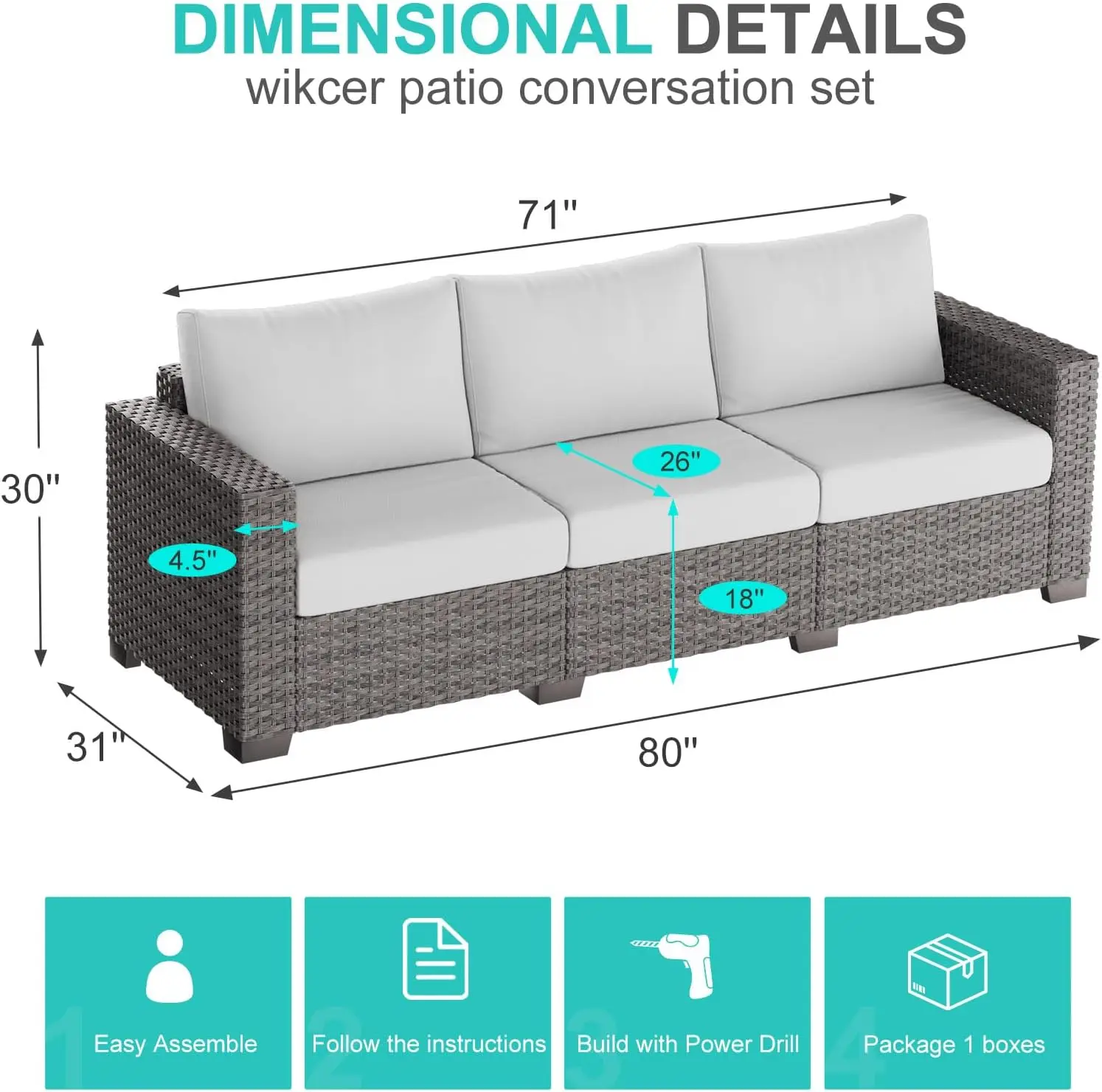 Wicker Patio Sofa with Gray Cushions, Gray Rattan Outdoor Furniture for Porch Yard Deck Pool