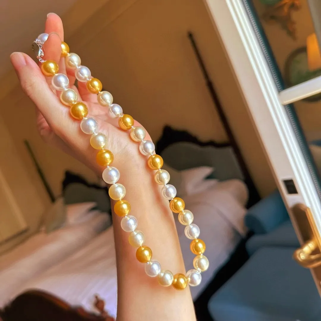 12mm High-Quality High-Luster Faux Pearl & Gold Bead Mixed Color Necklace, White & Golden Pearl with 925 Silver Clasp for Women