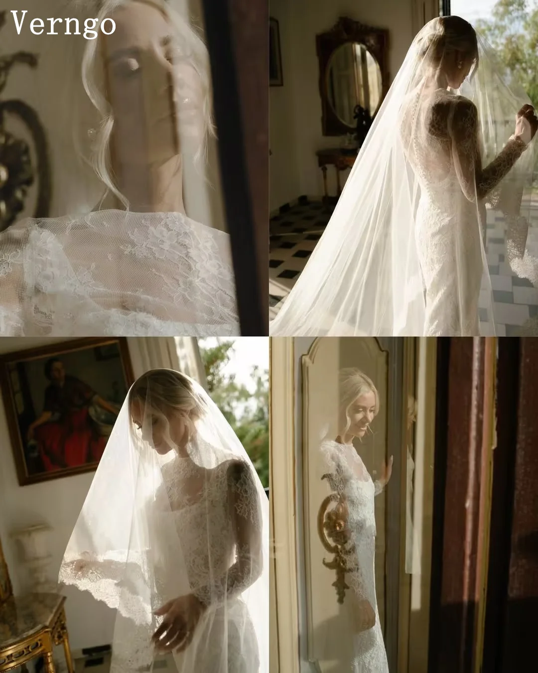 ชุดแต่งงานลูกไม้สีงาช้างเวิร์นโก้ คอสูง แขนยาว ทรงเมอร์เมด ชุดเจ้าสาวผู้หญิง สง่างาม พร้อมชายกระโปรงยาว สามารถสั่งตัดได้