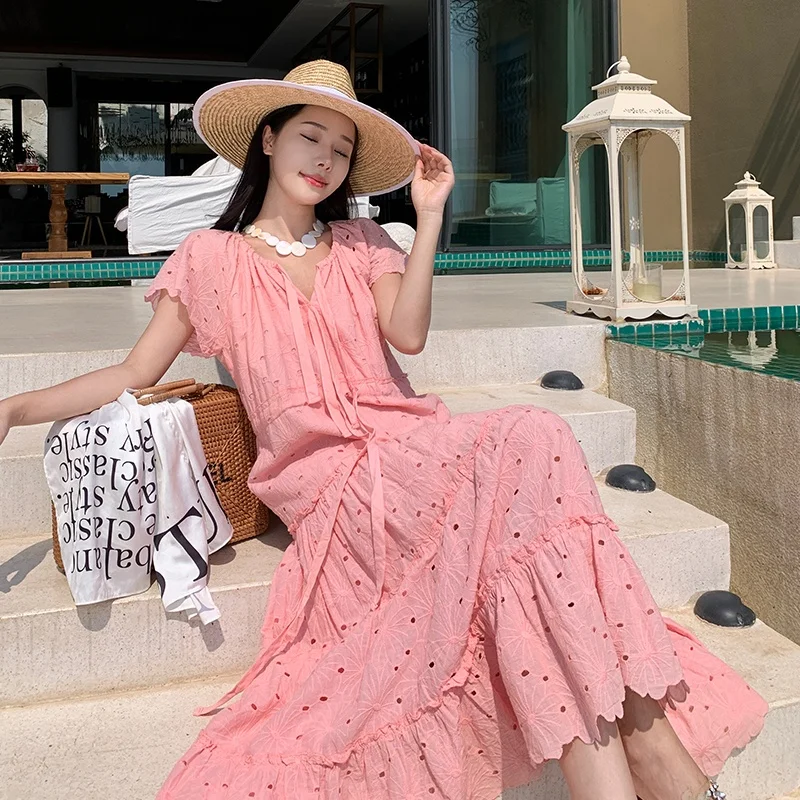 

Розовое фееричное платье из хлопка и льна с вышивкой, ажурное, с коротким рукавом, летнее, для отпуска, с V-образным вырезом, свободной талией, рукавами-крылышками, А-силуэт